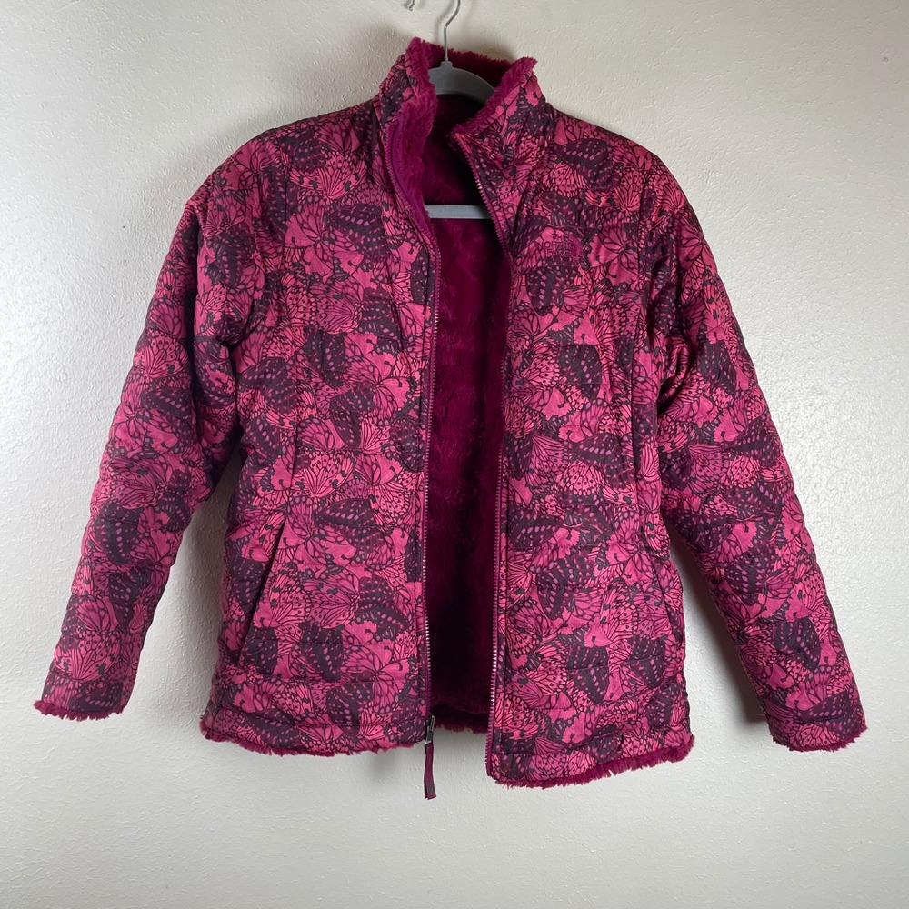 The‎ North Face Girls Reversible Puffer Jacket Pink Butterfly Print Faux Fur XL